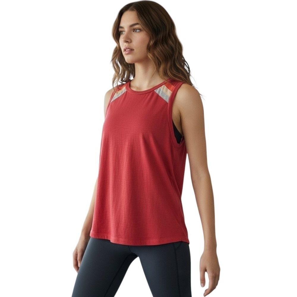 Evereve Tank Top Red Slub Cotton Sleeveless Striped Shoulder Sporty Athletic - S
